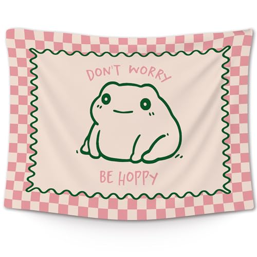 XLDLIOO Cute Funny Frog Classroom Tapestry, Don't Worry Be Hoppy Pink Checkered Wall Tapestry Hanging for Bedroom, Cute Frog Funny Tapestries Decor Art for Home Office Girly Room Dorm 40x30in - Image 1