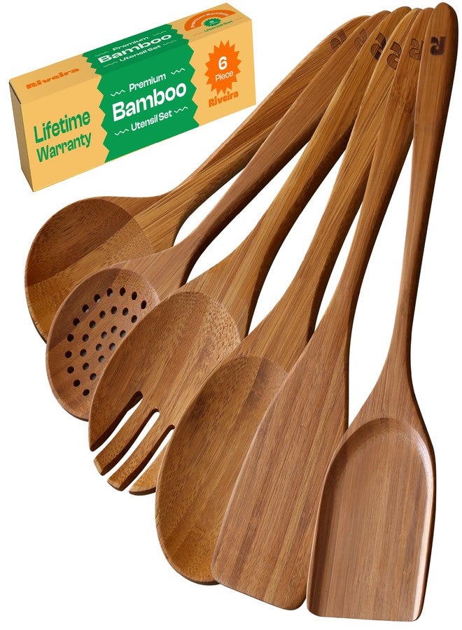 Riveira Brown Bamboo Wooden Spoons for Cooking Set of 6 - Natural Brown Bamboo Wooden Cooking Utensils, Wooden Spatula, Wooden Spoon - Premium Quality Wooden Utensil Set for Non-Toxic Cooking - Image 1