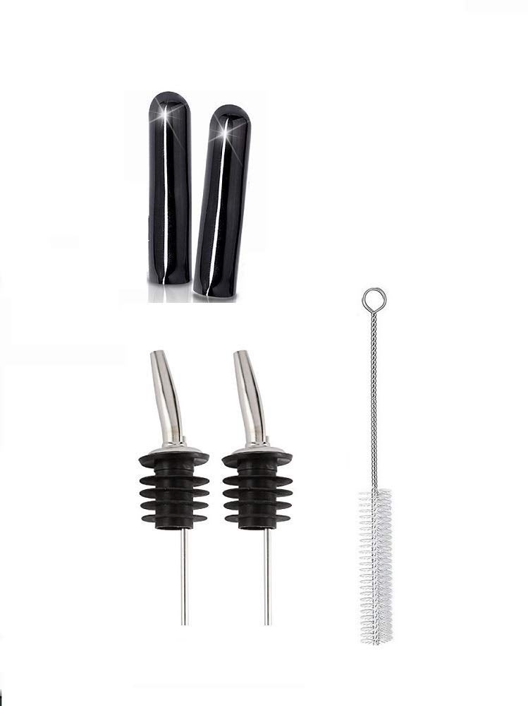 NJ OVERSEAS Stainless Steel Bottle Free-Flow Pourer Dispenser, Bar Supplies Best with Long Dust Covers and Cleaning Brush for Pouring Wine, Spirits, Syrup and Olive Oil -2 Pieces Set (Black) - Image 1