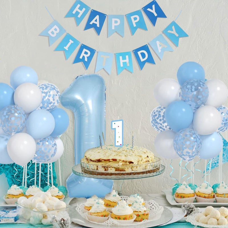 Yumiche Baby Blue White Balloons And 40inch 1 Balloon, First Birthday Decorations For boy With blue White Confetti Balloons, Happy Birthday Banner Large 1 Balloon For Baby Boys Birthday Party Decorations - Image 2