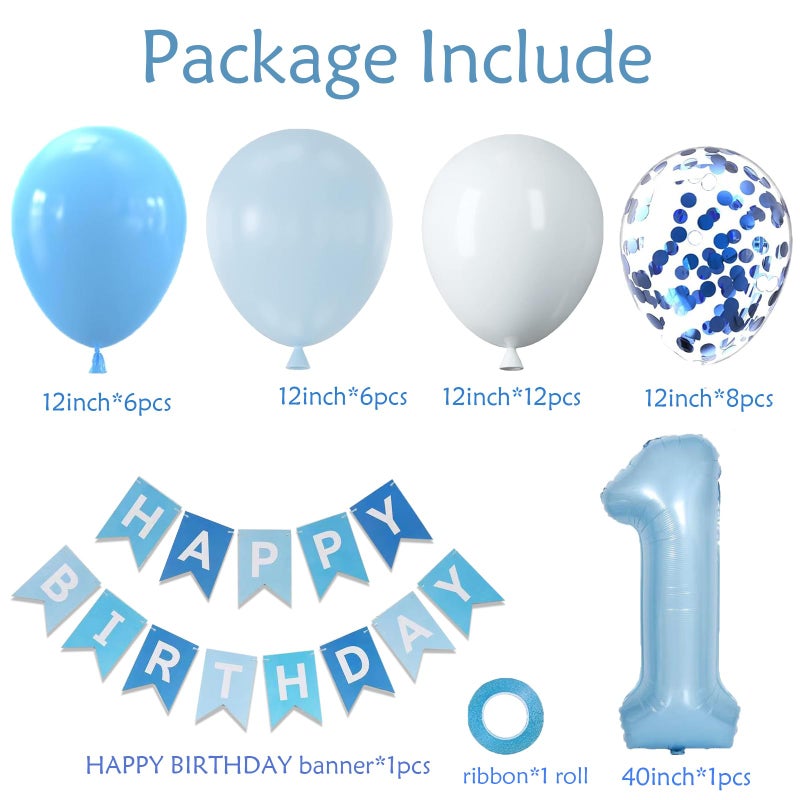 Yumiche Baby Blue White Balloons And 40inch 1 Balloon, First Birthday Decorations For boy With blue White Confetti Balloons, Happy Birthday Banner Large 1 Balloon For Baby Boys Birthday Party Decorations - Image 3