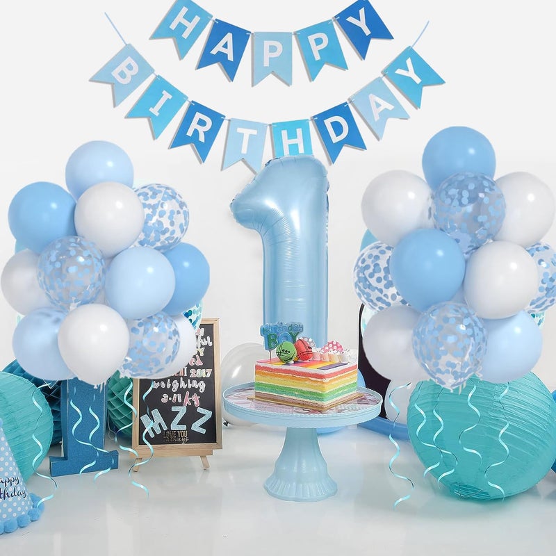 Yumiche Baby Blue White Balloons And 40inch 1 Balloon, First Birthday Decorations For boy With blue White Confetti Balloons, Happy Birthday Banner Large 1 Balloon For Baby Boys Birthday Party Decorations - Image 4