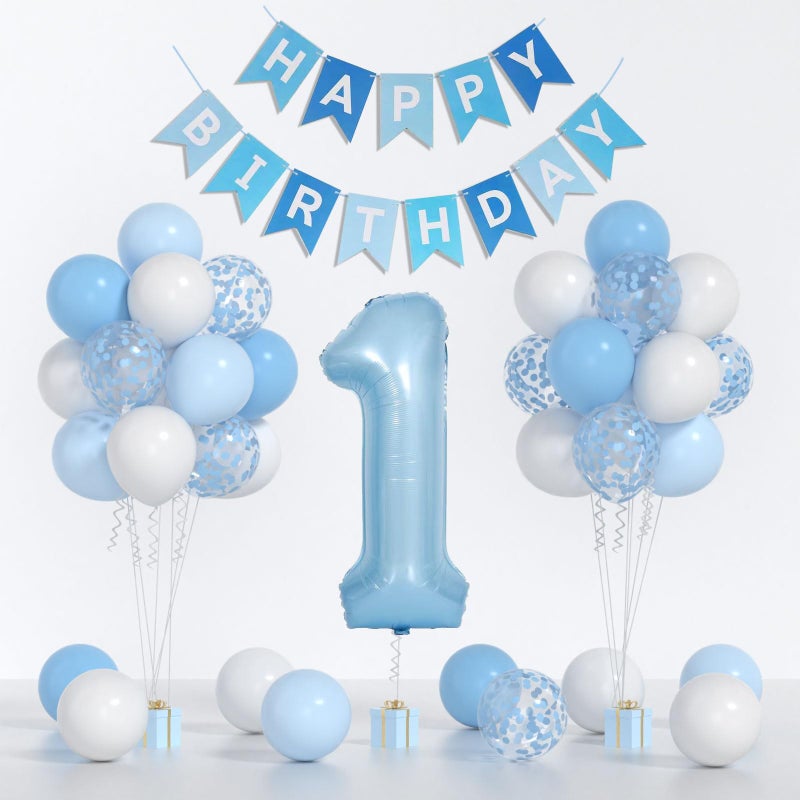 Yumiche Baby Blue White Balloons And 40inch 1 Balloon, First Birthday Decorations For boy With blue White Confetti Balloons, Happy Birthday Banner Large 1 Balloon For Baby Boys Birthday Party Decorations - Image 1