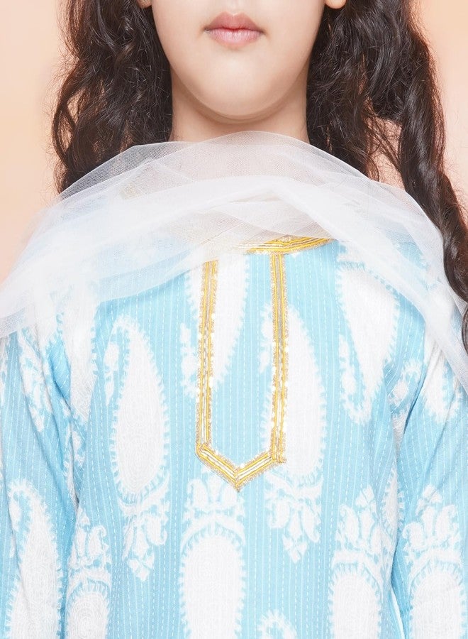 AJ DEZINES Kids Ethnic Wear Cotton Printed Blue Kurta Sharara Set For Girls (G-1117-BLUE-32) - Image 5