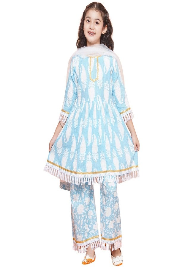 AJ DEZINES Kids Ethnic Wear Cotton Printed Blue Kurta Sharara Set For Girls (G-1117-BLUE-32) - Image 1