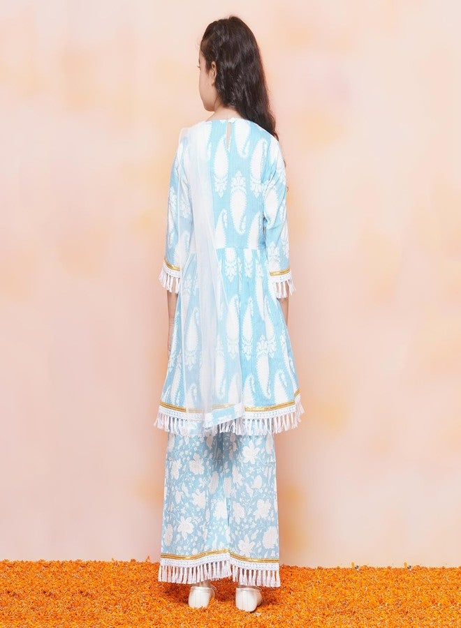 AJ DEZINES Kids Ethnic Wear Cotton Printed Blue Kurta Sharara Set For Girls (G-1117-BLUE-32) - Image 2