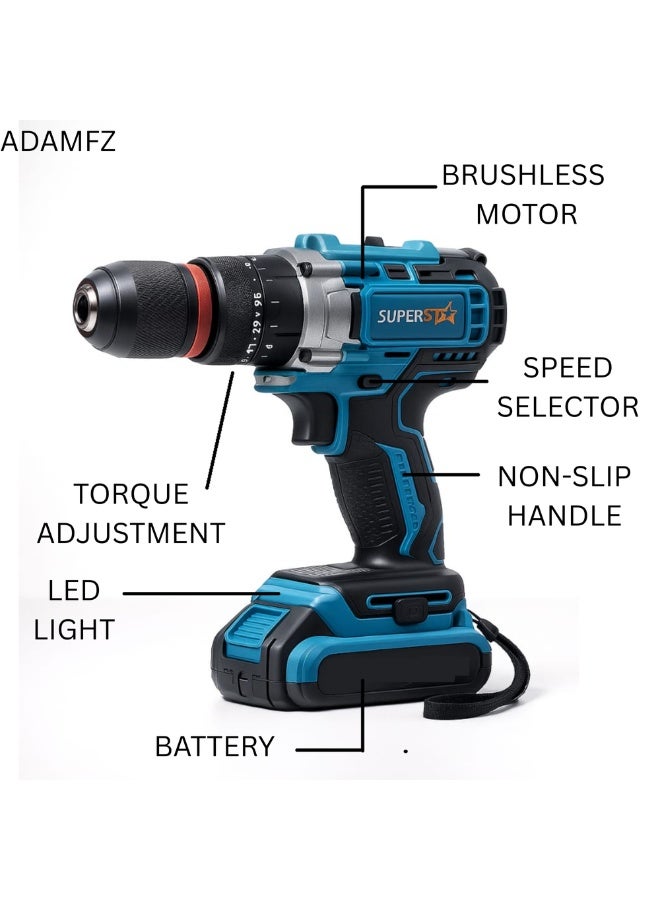 SuperStar Brushless Cordless Drill 48V – 3300RPM, 6.0Ah, 50Nm Torque, Dual Battery, Professional Power Tool - Image 2