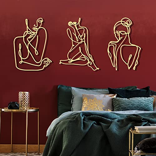Photect 3 Pcs Metal Wall Art Decor Minimalist Abstract Woman Wall Art metal Modern Line Drawing Wall Art Decor Female Single Line Wall Home Hanging for Bedroom Bathroom Living Room, Gold (Elegant) - Image 1