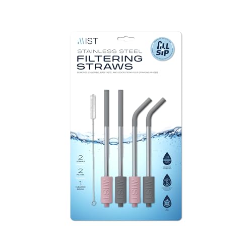 Mist Reusable Stainless Steel Metal Straws With Filter, Removes Chlorine & Odor, Silicon Tips, DIshwasher Safe. 2 Pink 2 Gray, 4 Pack - Image 1