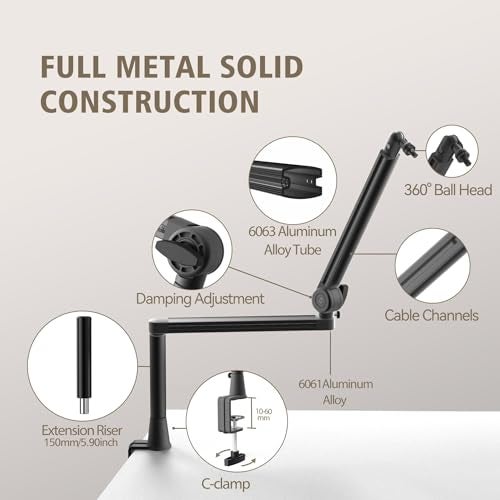CMTECK Microphone Boom Arm, Low Profile Microphone Arm Stand with Cable Management, Desk Mount Clamp, 5.91" Extended Riser, Screw Adapter, 360° Adjustable Stick for Podcast Streaming Gaming Studio - Image 3