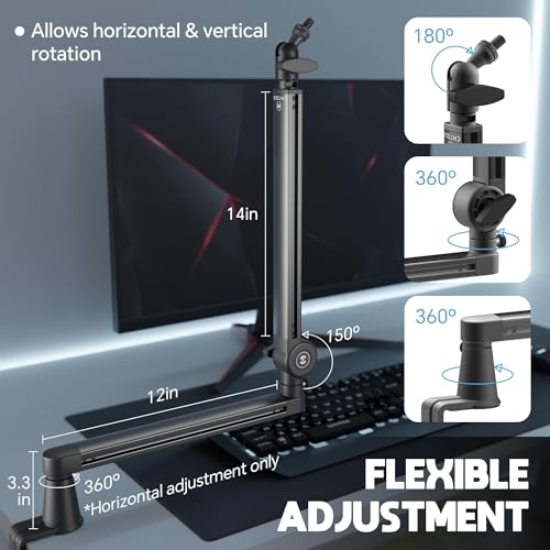 CMTECK Microphone Boom Arm, Low Profile Microphone Arm Stand with Cable Management, Desk Mount Clamp, 5.91" Extended Riser, Screw Adapter, 360° Adjustable Stick for Podcast Streaming Gaming Studio - Image 4