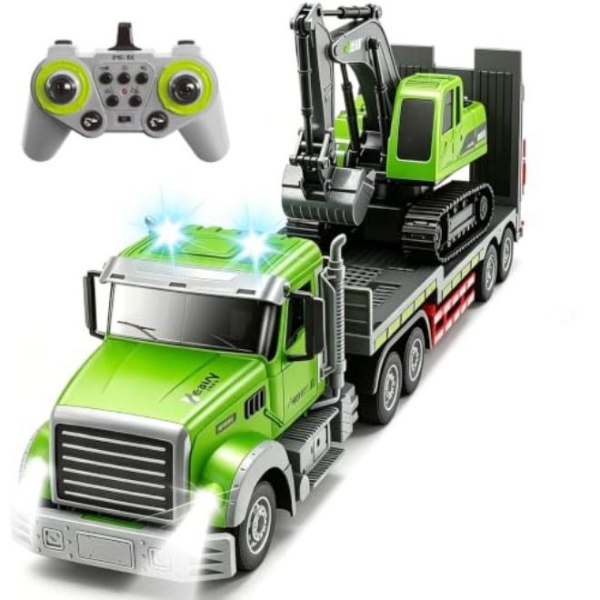 SiNO RC Semi-Trailer Truck & Excavator Toy Set, 1:12 Scale, 2.4GHz Remote Control Flatbed Truck and Excavator Toys, Dual Remote Control Construction Vehicle Set with Alloy Excavator Bucket, Sound and Lights, Boys Toys Ages 6-12, Birthday Gift - Image 1