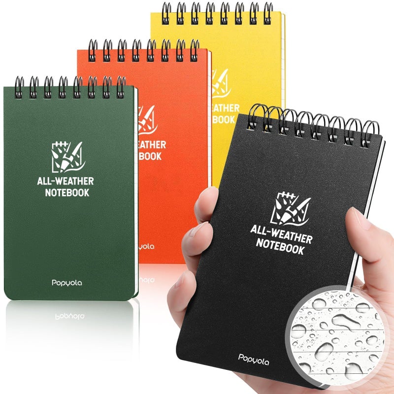 POPYOLA 4 Pack Waterproof Notebook, 3" x 5" Top-Spiral Pocket Notepad with 100 Lined Pages, Weatherproof Pocket Notebook for Police Outdoor Office School Recording - Image 1