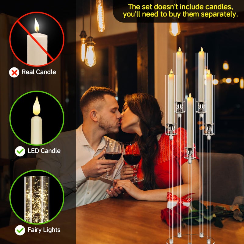 Cherocito 4 Set 5 Arms Acrylic Candelabra Centerpieces for Wedding Table Decorations,Clear Candlesticks Holder with Acrylic Shade for Valentine's Day Dinner Party Fireplace Gift Fit LED Candle - Image 3