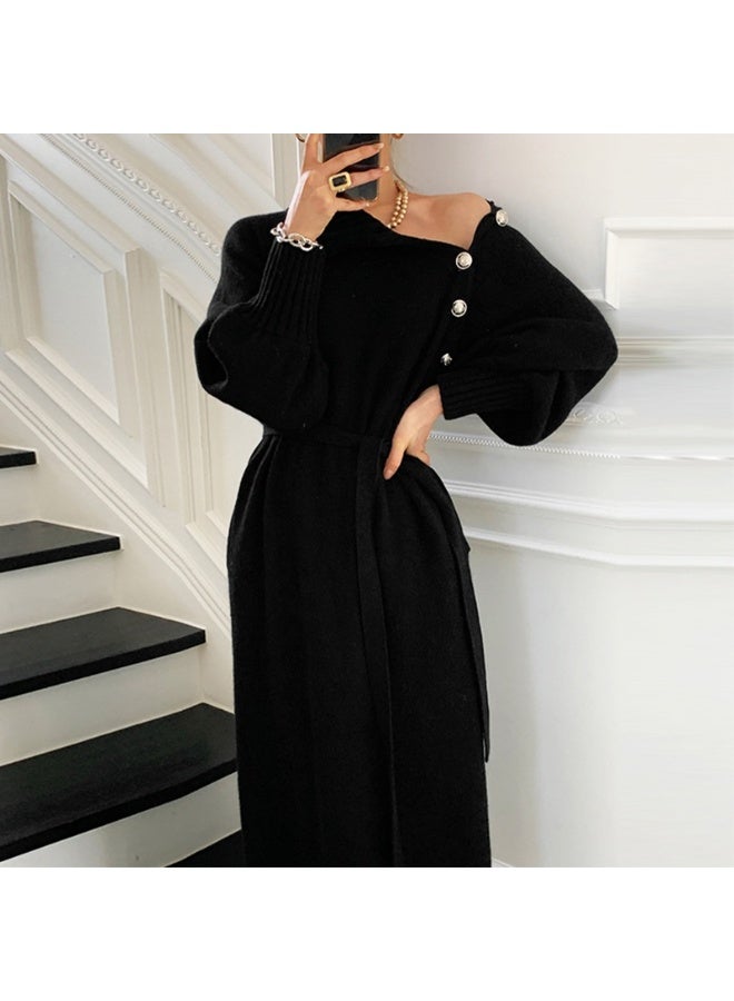 NIBEMINENT Solid Slant Button Belted Dress, Elegant Long Sleeve Maxi Dress For Fall & Winter, Women's Clothing Black - Image 1