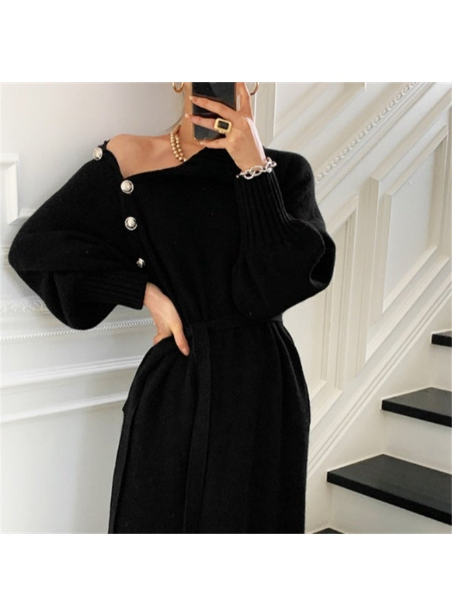 NIBEMINENT Solid Slant Button Belted Dress, Elegant Long Sleeve Maxi Dress For Fall & Winter, Women's Clothing Black - Image 5