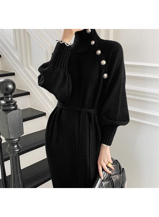 NIBEMINENT Solid Slant Button Belted Dress, Elegant Long Sleeve Maxi Dress For Fall & Winter, Women's Clothing Black - Image 3