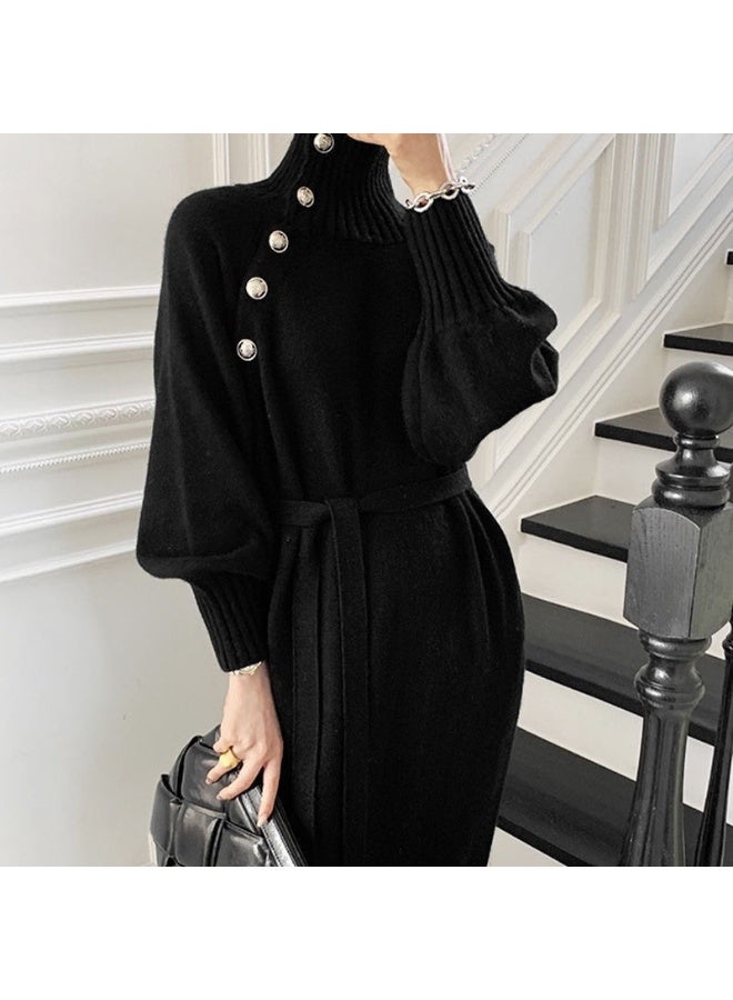 NIBEMINENT Solid Slant Button Belted Dress, Elegant Long Sleeve Maxi Dress For Fall & Winter, Women's Clothing Black - Image 4