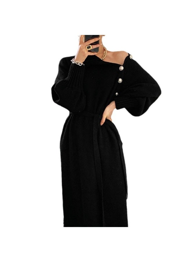 NIBEMINENT Solid Slant Button Belted Dress, Elegant Long Sleeve Maxi Dress For Fall & Winter, Women's Clothing Black - Image 2