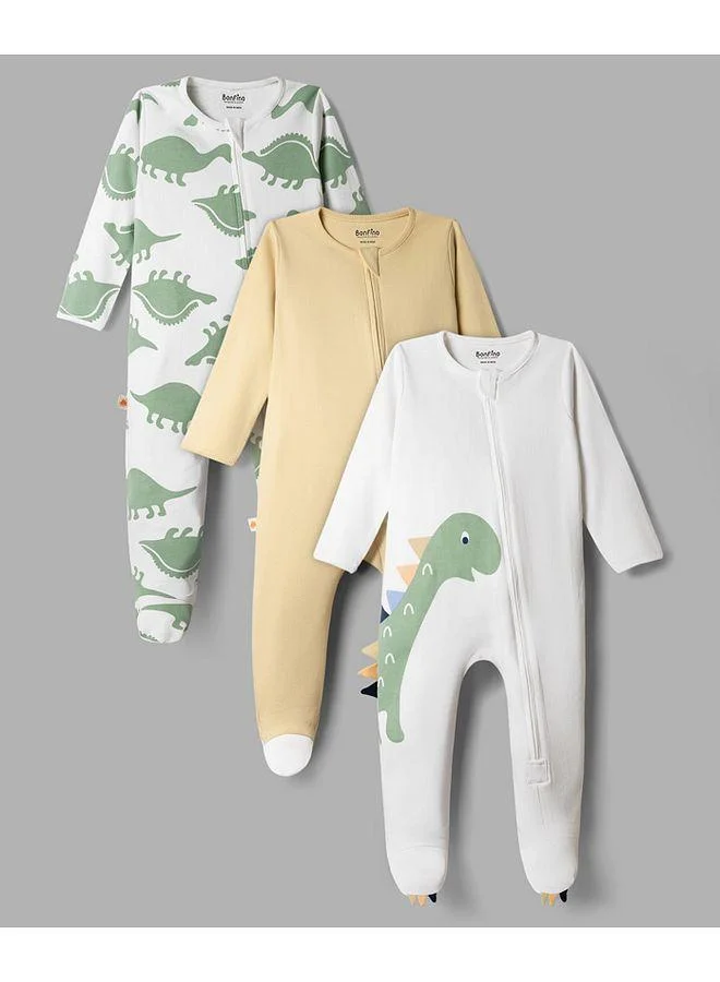 Bonfino Bonfino 100% Cotton Knit Full Sleeves Front Open Footed Sleep Suit Dino Print Pack of 3 - White/Beige