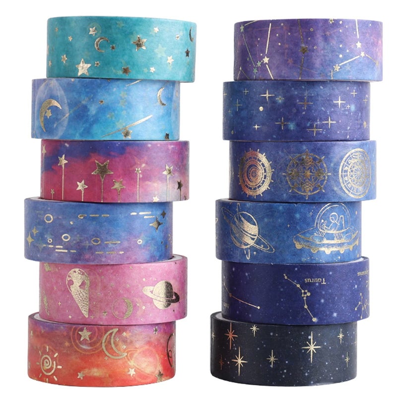 Galaxy Purple Washi Tape - Gold Foil Washi Masking Tape with Constalation, Blue Sky, Moon, Star, Celestial, Perfect for Bullet Journal, DIY Crafts