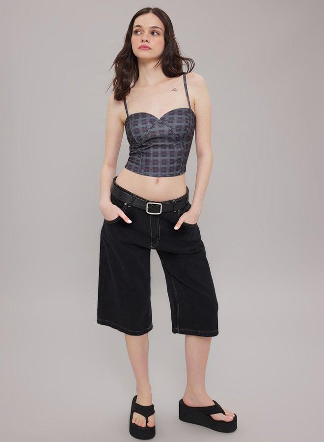 trendyol Multicolored Plaid Printed Fitted/Fits Body Sweetheart Neck Crop Stretch Knit Bustier - Image 2