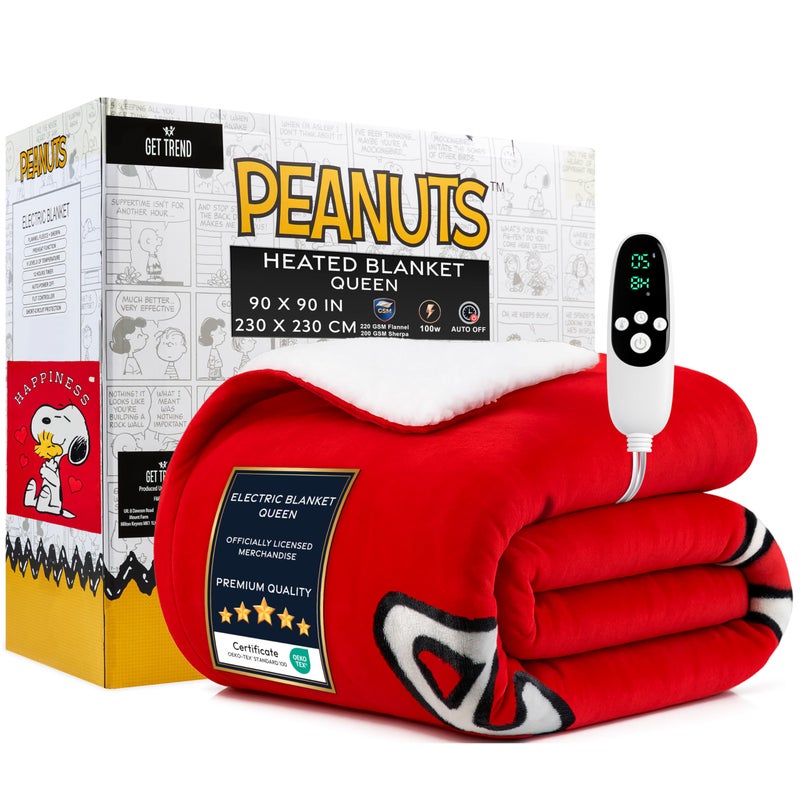 Get Trend Peanuts Snoopy Heated Blanket Electric, Queen Size Luxurious Fleece Blanket, 9 Heat Settings Auto Shut-Off, 90x90in, Gifts for Mom, Grandma, Grandpa (Red Snoopy, Queen US) - Image 1