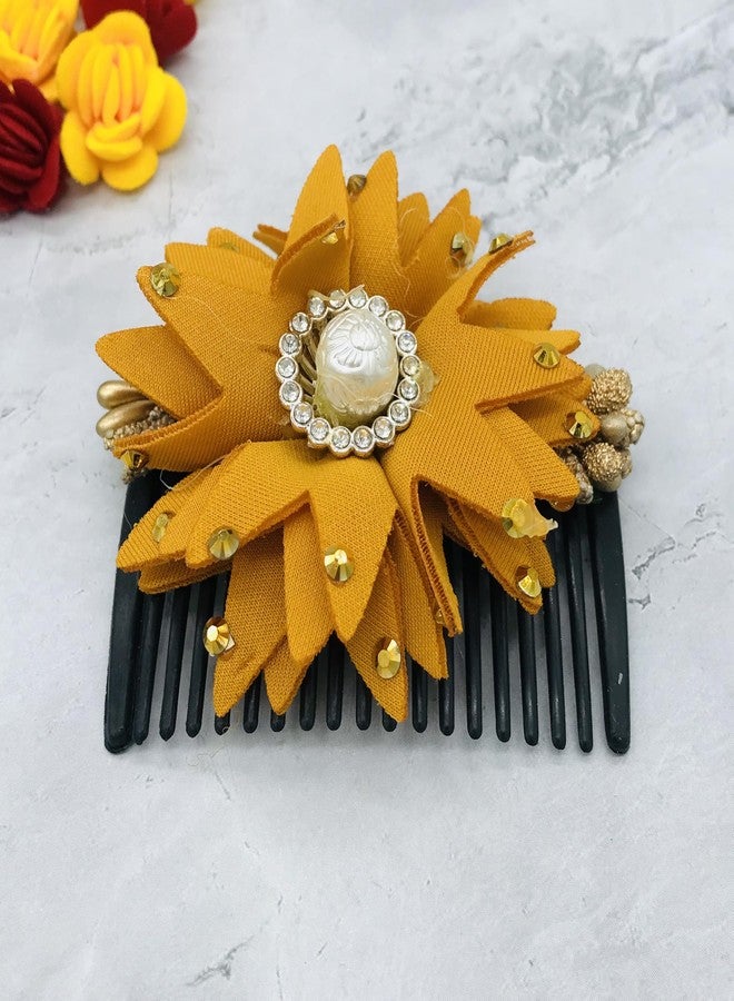 Arooman™ Artificial Flower Comb, Juda/Bun Comb, Side Comb, Floral Hair Comb (Color-Yellow, Pack-01) M12190948 - Image 4