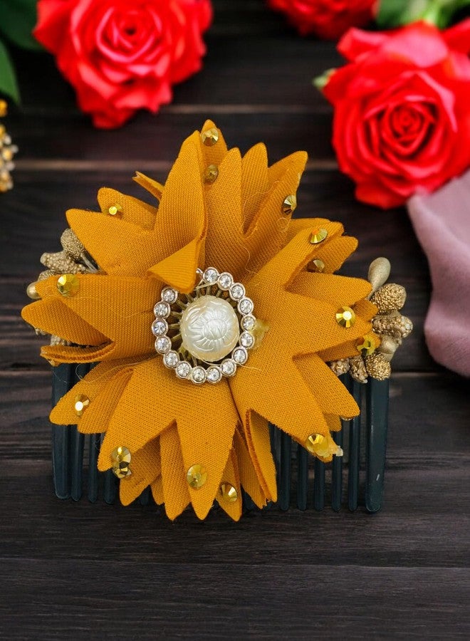 Arooman™ Artificial Flower Comb, Juda/Bun Comb, Side Comb, Floral Hair Comb (Color-Yellow, Pack-01) M12190948 - Image 3