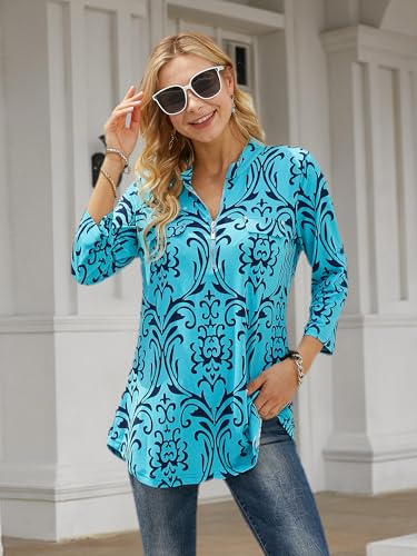 BEPEI 3/4 Sleeve Tunics for Women,Fall Trendy Classic Split V Neck Dressy Casual Work Blouses Summer 2025 Flowy Hemline Figure Flattering Comfortable Silk Knit Top Polyester T Shirt Holiday Aqua XL - Image 4