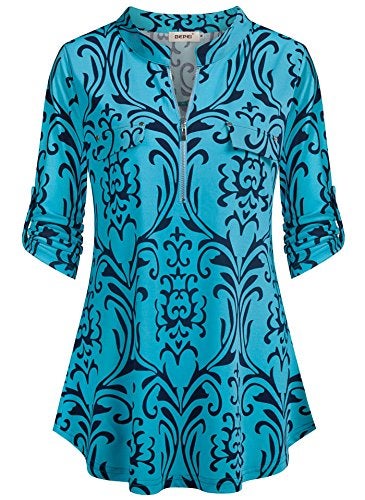 BEPEI 3/4 Sleeve Tunics for Women,Fall Trendy Classic Split V Neck Dressy Casual Work Blouses Summer 2025 Flowy Hemline Figure Flattering Comfortable Silk Knit Top Polyester T Shirt Holiday Aqua XL - Image 1