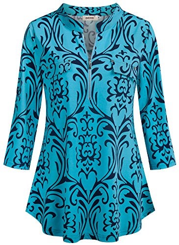 BEPEI 3/4 Sleeve Tunics for Women,Fall Trendy Classic Split V Neck Dressy Casual Work Blouses Summer 2025 Flowy Hemline Figure Flattering Comfortable Silk Knit Top Polyester T Shirt Holiday Aqua XL - Image 2