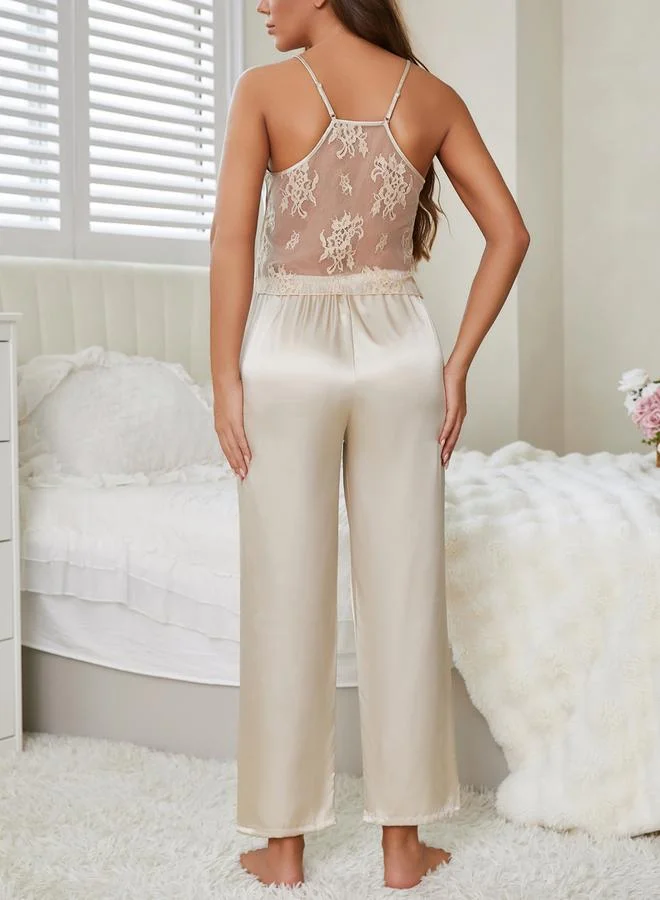 Take Two Cream Lace Detail Satin Cami and Pyjama Set
