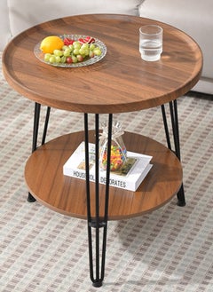 Sharpdo Living Room Sofa Side Table Double Layer Small Coffee Table Metal Frame Brown Round Coffee Table 48*48*50CM  - Image 1