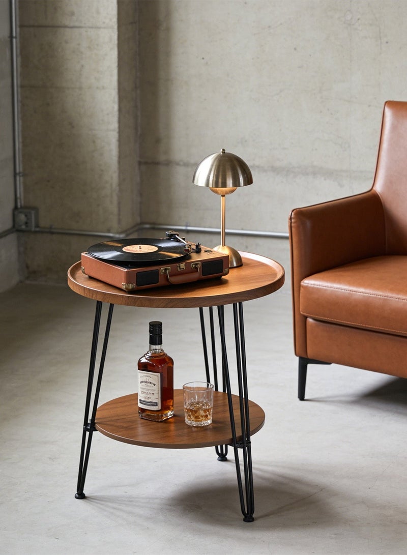 Sharpdo Living Room Sofa Side Table Double Layer Small Coffee Table Metal Frame Brown Round Coffee Table End Table 50*50*60CM - Image 1