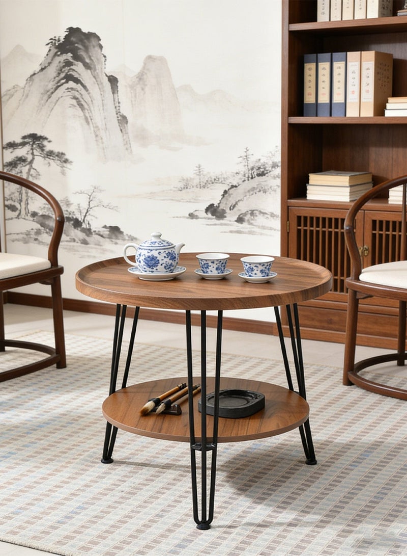 Sharpdo Living Room Sofa Side Table Double Layer Small Coffee Table Metal Frame Brown Round Coffee Table End Table 50*50*60CM - Image 2