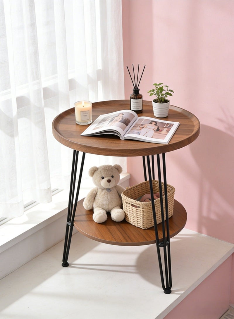 Sharpdo Living Room Sofa Side Table Double Layer Small Coffee Table Metal Frame Brown Round Coffee Table End Table 50*50*60CM - Image 3