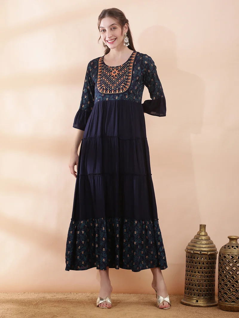 globus Globus Women Teal Embroidered Yoke Mirror Work Detail Foil Printed Flared Hem Tiered A-Line Maxi Dress