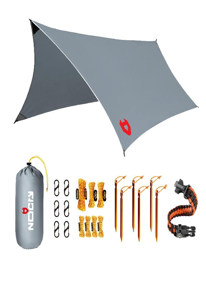 NoCry Rain Fly by NoCry 12x10 Lightweight Survival Camping Tarp; 100% Waterproof; Makes a Great Backpacking Tarp or Hammock Shelter; Comes in Multiple Colors, Survival Bracelet Included; Grey  - Image 1