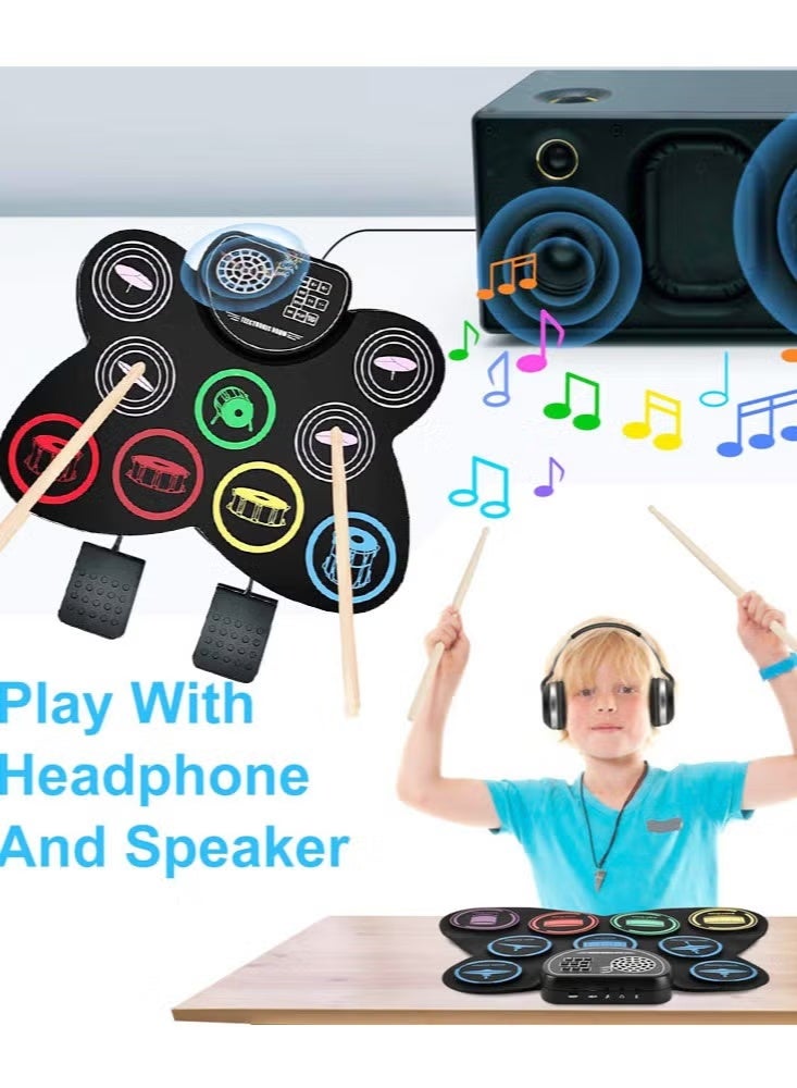 Soofam Electronic Drum Set, 9 Drum Practice Pad with Headphone Jack for Kids, Roll-up Drum Pad Machine Built-in Speaker Drum Pedals Drum - Image 2