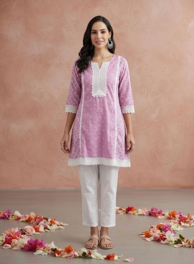 Yuris Women Pink  White Printed Panelled Thread Work Pure Cotton Kurta with Trousers - Image 1