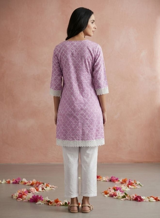 Yuris Women Pink  White Printed Panelled Thread Work Pure Cotton Kurta with Trousers - Image 5