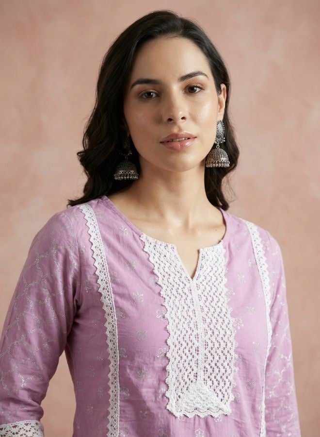 Yuris Women Pink  White Printed Panelled Thread Work Pure Cotton Kurta with Trousers - Image 2