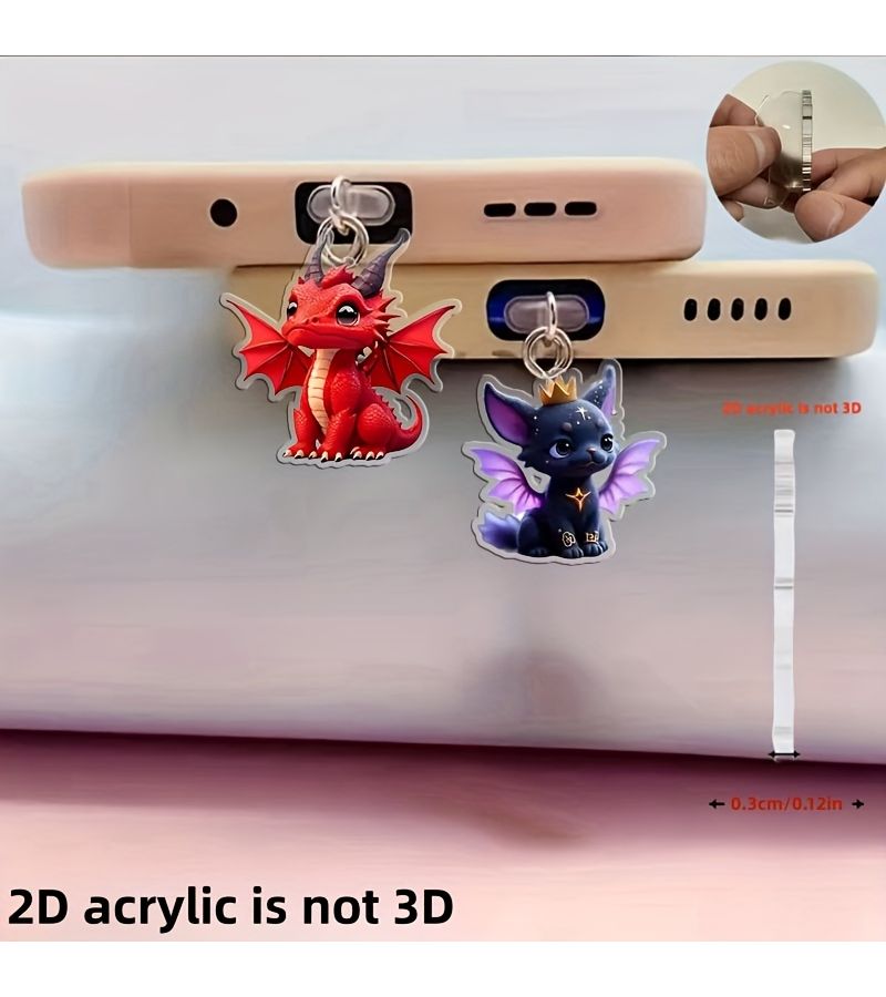2D Flat Romantic Fire Dragon 2pcs Set For IPhone Acrylic Dust Cover With Plug Universal Phone Dust Plug For Mobile Decoration - Image 4