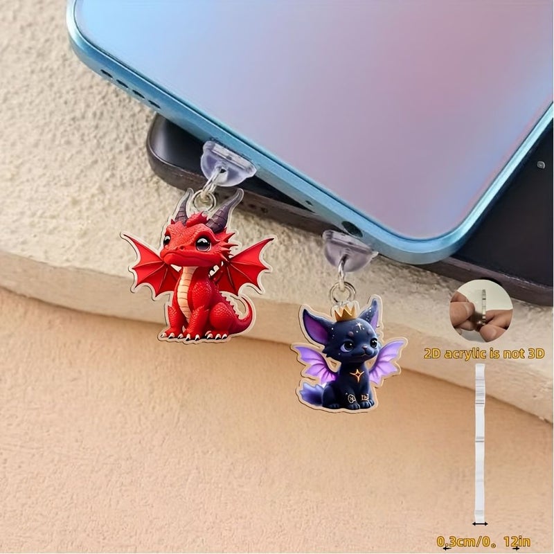 2D Flat Romantic Fire Dragon 2pcs Set For IPhone Acrylic Dust Cover With Plug Universal Phone Dust Plug For Mobile Decoration - Image 3