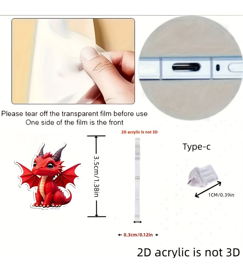 2D Flat Romantic Fire Dragon 2pcs Set For IPhone Acrylic Dust Cover With Plug Universal Phone Dust Plug For Mobile Decoration - Image 2