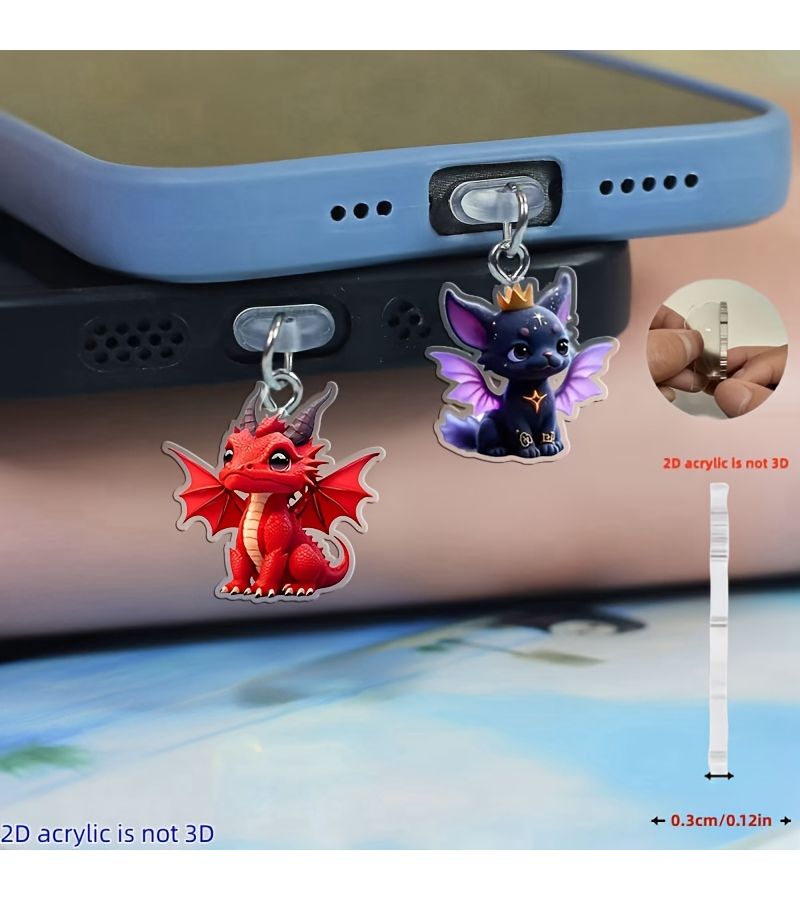 2D Flat Romantic Fire Dragon 2pcs Set For IPhone Acrylic Dust Cover With Plug Universal Phone Dust Plug For Mobile Decoration - Image 1