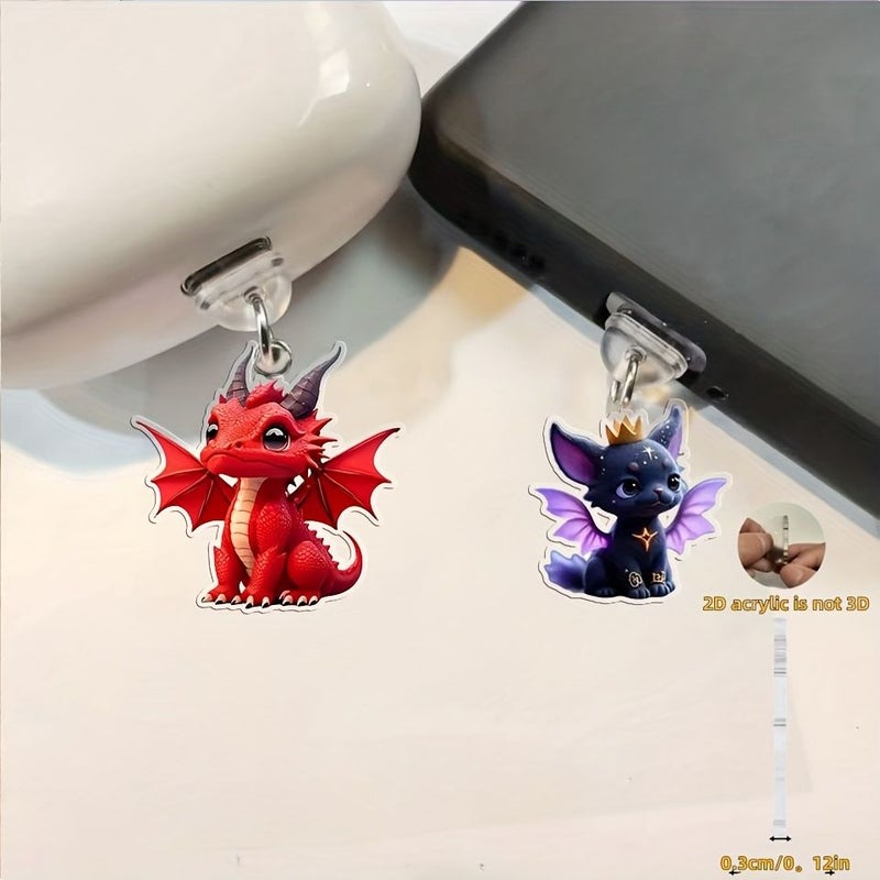 2D Flat Romantic Fire Dragon 2pcs Set For IPhone Acrylic Dust Cover With Plug Universal Phone Dust Plug For Mobile Decoration - Image 5