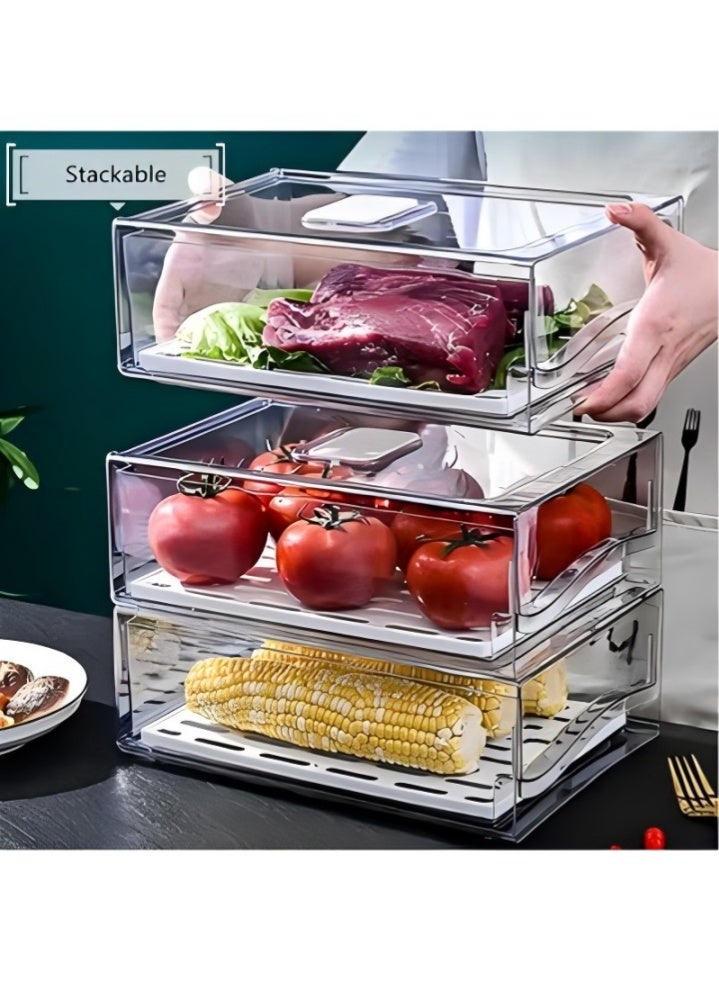 DUNISO 2 Pack Fridge Organizer Bins with Lids, Stackable Food Storage Box with Lids/Drain Tray and Drawer, Space Saving, Waterproof and Durable, Suitable for Fruits, Vegetable, Food, Drinks, 30*20*11cm, Clear - Image 3