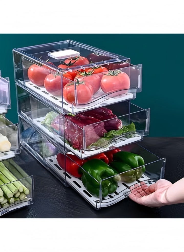 DUNISO 2 Pack Fridge Organizer Bins with Lids, Stackable Food Storage Box with Lids/Drain Tray and Drawer, Space Saving, Waterproof and Durable, Suitable for Fruits, Vegetable, Food, Drinks, 30*20*11cm, Clear - Image 1